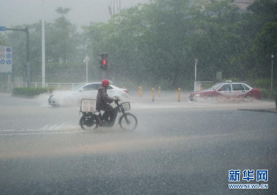 5月11日，車(chē)輛在深圳西麗留仙大道涉水前行。